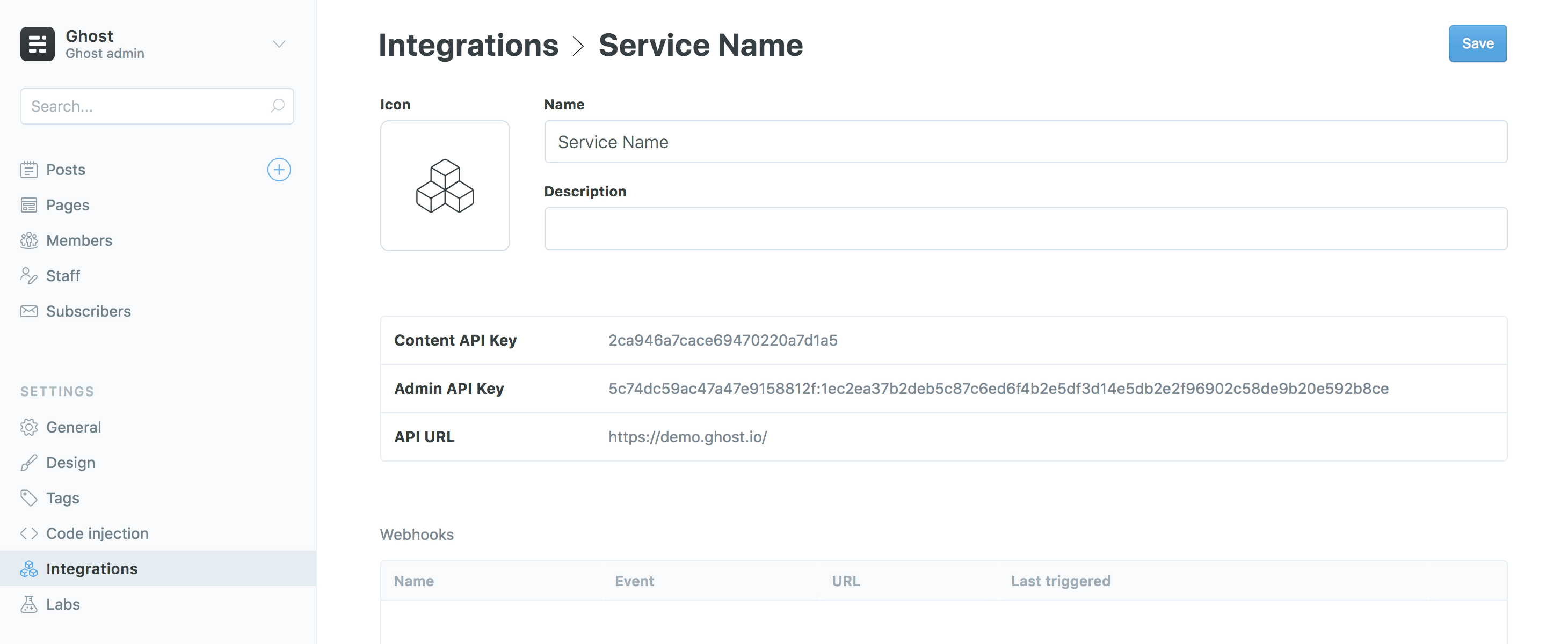 Screenshot of the Integrations view when adding a Service
